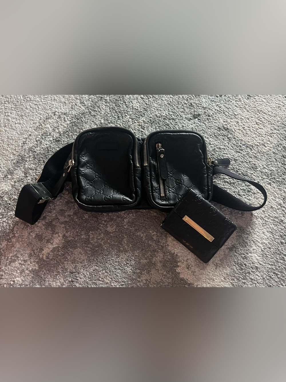 Gucci Black Embossed Leather Guccissima Double-Pocket Waist Bum Bag with Wallet